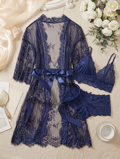 3 Pcs Soft Net Nighty With Bra & Panty