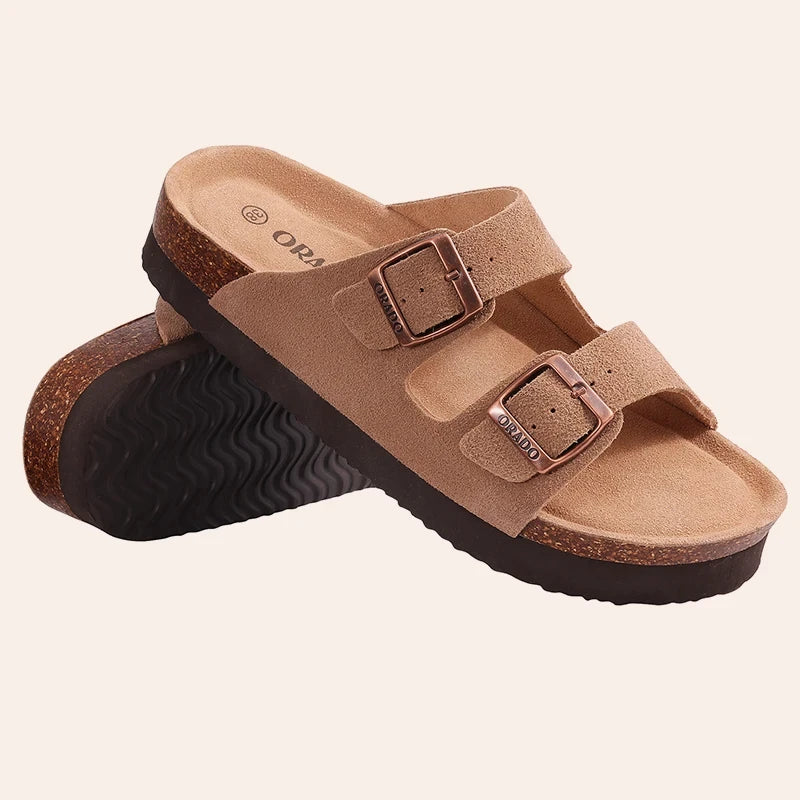 Shevalues Cork Sole Slippers For Women Men Classic Suede Summer Sandals With Arch Support Fashion Orthopedic Beach Cork Shoes
