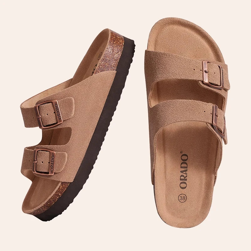Shevalues Cork Sole Slippers For Women Men Classic Suede Summer Sandals With Arch Support Fashion Orthopedic Beach Cork Shoes